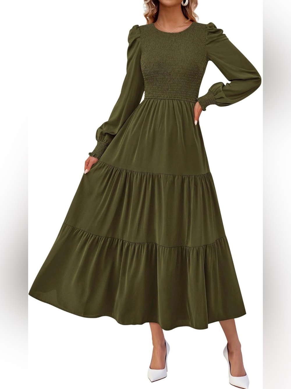 Olive Green Long Sleeve Smocked Midi Dress